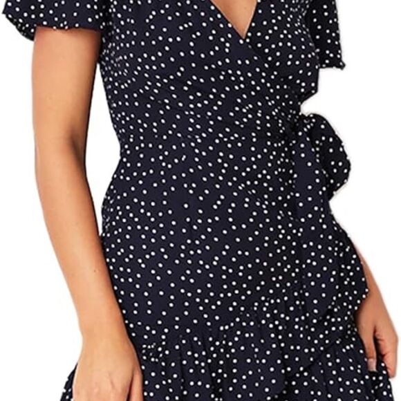 Navy Polka Dot Ruffle Hem Wrap Dress - Picture 2 of 11